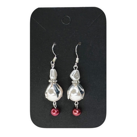 Hand Crafted Jewelry - Pearl Drop Handmade Dangle Earrings in Silver tone & burgundy & blue faux pearls